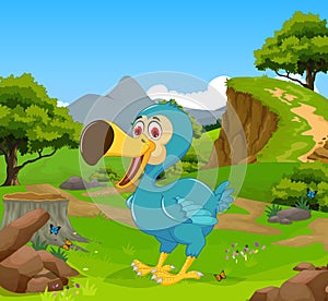 Funny dodo bird cartoon in the jungle with landscape background