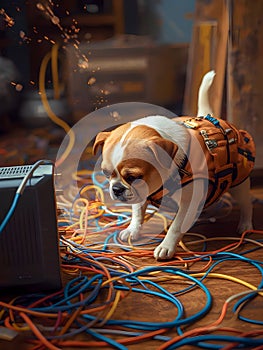 Funny Dog Acting As Network Technician Fixing Internet Connection At Home Office Workspace