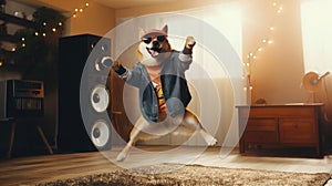 funny dog akita inu in clothes and sunglasses dancing at home