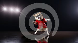 funny dog akita inu in clothes and sunglasses dancing in the studio on a black background