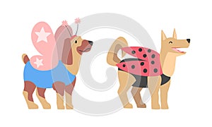 Funny dog animals in butterfly and ladybugl costumes set. Cute pets dressed for carnival party cartoon vector