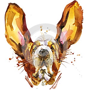 Funny dog basset fashion T-shirt graphics. dog illustration with splash watercolor textured background.
