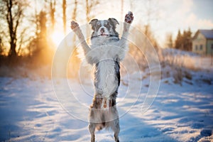 Funny dog breed Border Collie stands on its hind legs in winter