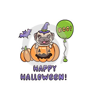 Funny dog breed pug in pumpkin and inscription Happy Halloween.