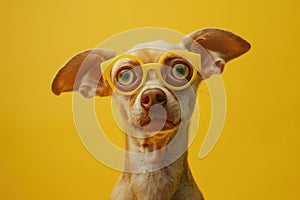 Funny dog with bulging big eyes over color solid bright background