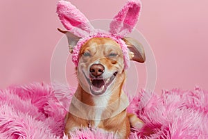 Funny dog in bunny ears on pink background