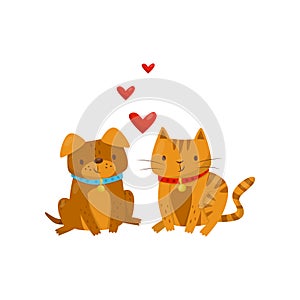 Funny dog and cat in love, cute domestic pet animals cartoon characters, best friends vector Illustration on a white