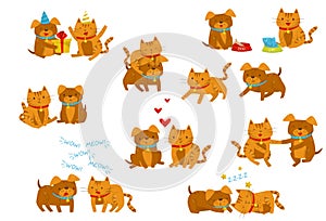 Funny dog and cat set, cute domestic pet animals cartoon characters in different situations, best friends vector