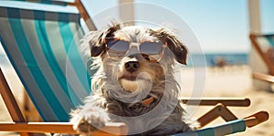 funny dog chair pet summer lazy vacation relax beach sunglasses. Generative AI.