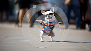 funny dog in clothes and sunglasses dancing at a music festival