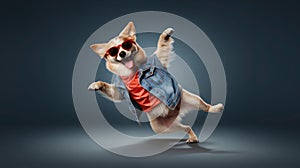 funny dog corgi in clothes and sunglasses dancing in the studio