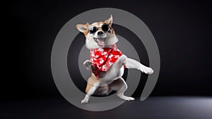 funny dog corgi in clothes and sunglasses dancing in the studio