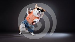 funny dog corgi in clothes and sunglasses dancing in the studio