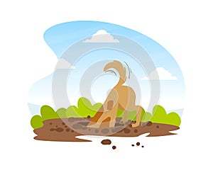 Funny Dog Digging Deep Hole in Garden, Beautiful Summer Landscape Flat Vector Illustration