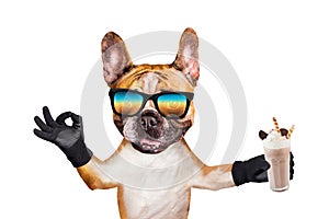 Funny dog ginger french bulldog in sunglasses hold a milkshake in a glass and show a sign approx. Animal isolated on white