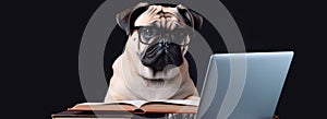 Funny dog in glasses. Concept banner on the theme of online education. Cute puppy on black background.