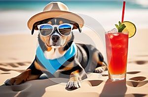 A funny dog in a hat and glasses is relaxing on the beach, sunbathing, next to a cocktail with a straw.