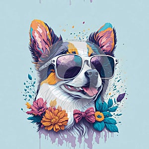 funny dog head wearing with sunlasses and decorated with flowers
