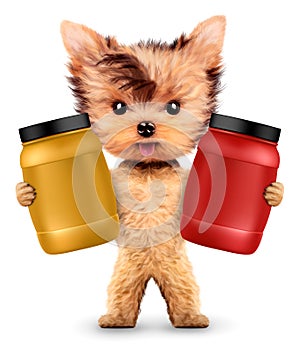 Funny dog holding containers with sport nutrition