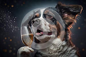 Funny dog holding a glass of champagne. Generative Ai