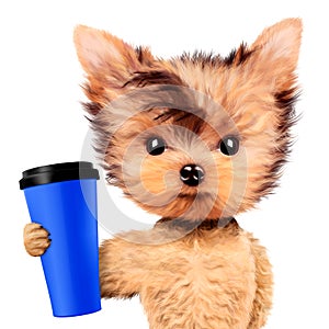 Funny dog holding shaker or water bottle