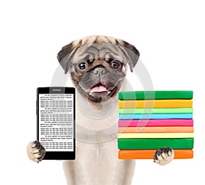 Funny dog holding stack books and smartphone. isolated on white background