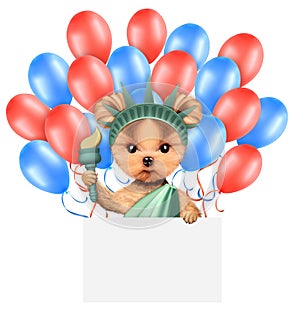 Funny dog holding USA flag. Concept of 4th of July