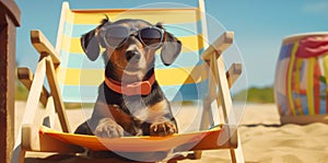 funny dog pet lazy relax chair beach sunglasses vacation summer. Generative AI.