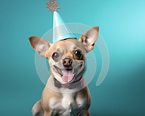 Funny dog. Pets. Zooclinic, veterinary. Hotel for animals. Puppy in birthday hat