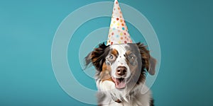 Funny dog. Pets. Zooclinic, veterinary. Hotel for animals. Puppy in birthday hat