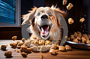 Funny dog portrait with the food
