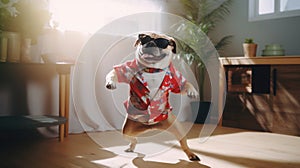 funny dog pug in clothes and sunglasses dancing at home
