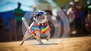 funny dog pug in clothes and sunglasses dancing outdoors at a music festival