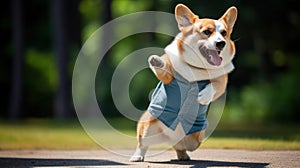 funny dog pug in clothes and sunglasses dancing outdoors at a music festival