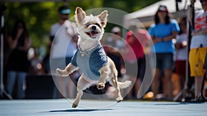 funny dog pug in clothes and sunglasses dancing outdoors at a music festival