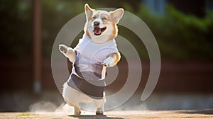 funny dog pug in clothes and sunglasses dancing outdoors at a music festival