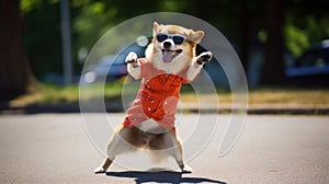funny dog pug in clothes and sunglasses dancing outdoors at a music festival