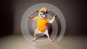 funny dog pug in clothes and sunglasses dancing in the studio on a black background