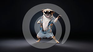 funny dog pug in clothes and sunglasses dancing in the studio on a black background