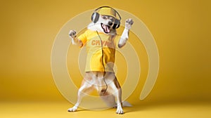 funny dog pug in clothes and sunglasses dancing in the studio on a black background