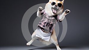 funny dog pug in clothes and sunglasses dancing in the studio on a black background