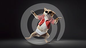 funny dog pug in clothes and sunglasses dancing in the studio on a black background