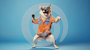 funny dog pug in clothes and sunglasses dancing in the studio on a black background