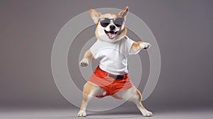funny dog pug in clothes and sunglasses dancing in the studio on a black background