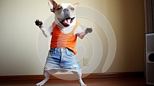 funny dog pug in clothes and sunglasses dancing in the studio on a black background