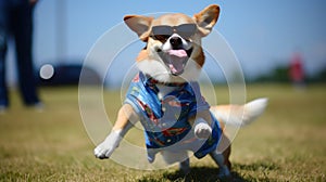 funny dog pug in clothes and sunglasses dancing in the studio on a black background