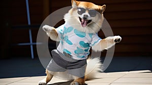 funny dog pug in clothes and sunglasses dancing in the studio on a black background