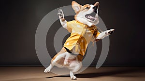 funny dog pug in clothes and sunglasses dancing in the studio on a black background