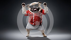 funny dog pug in clothes and sunglasses dancing in the studio on a black background