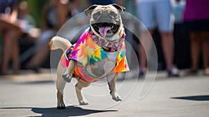 funny dog pug in clothes and sunglasses dancing in the studio on a black background